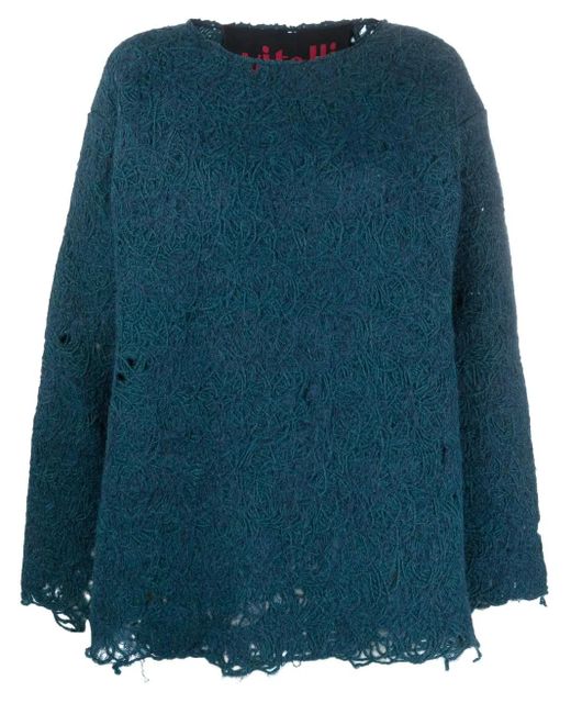 VITELLI Blue Distressed-Effect Knit Jumper