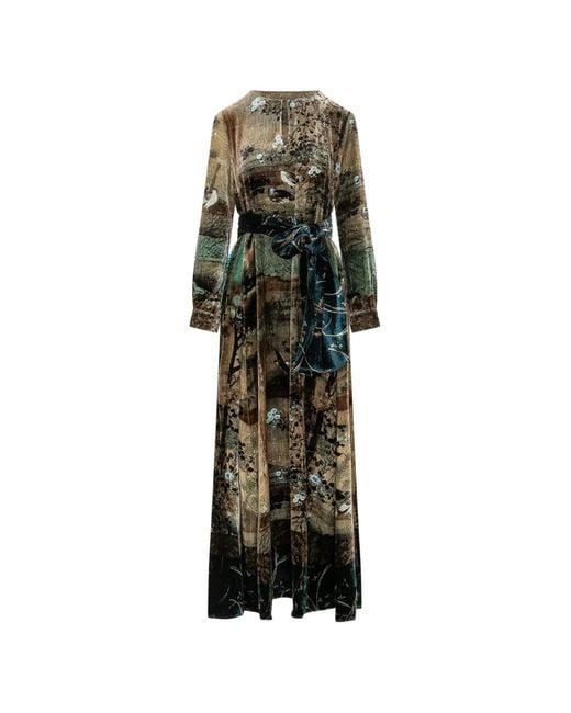 Pierre Louis Mascia Brown Kanpur Landscape-Print Velvet Maxi Dress