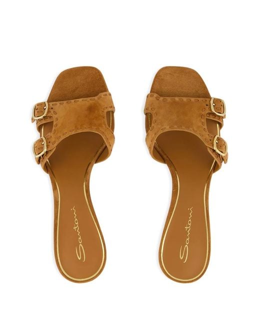 Santoni Brown Double-Buckle Suede High Heel Sandals