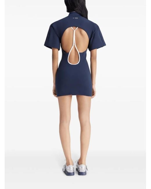 blue ruffle dress short Blue Round Neck Short Bubble Sleeve High Low Ruffle Skirt Dress main image 1