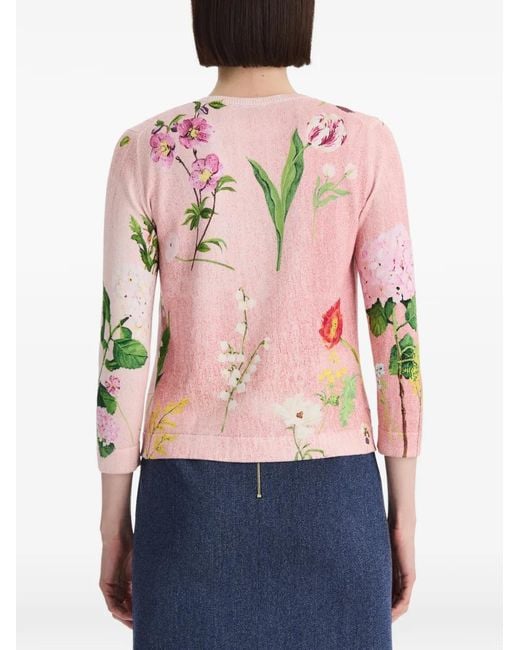 Oscar de la Renta Pink Mixed-Botanical Tie-Neck Cardigan
