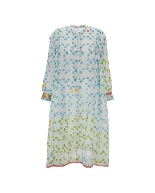Injiri Blue Trumpet Polka-Dot Long-Sleeve Midi Dress