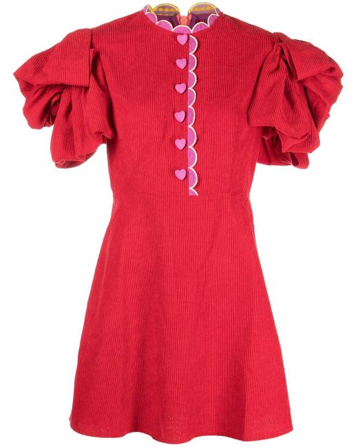 Celiab Red Valentine Corduroy Puff-sleeve Dress