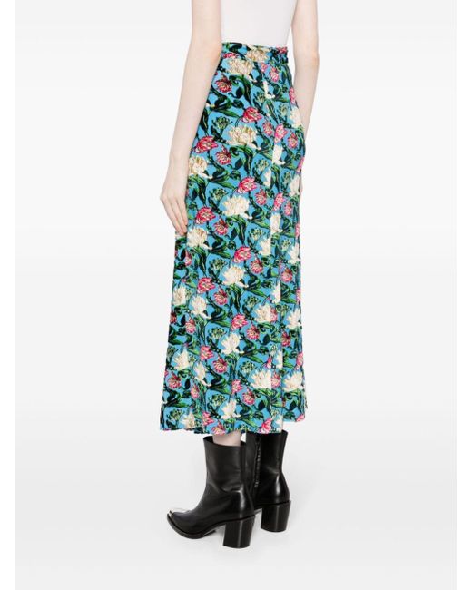 Rabanne Blue Floral-print Midi Skirt