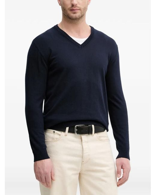 Benetton Blue Pull À Col V À Finitions Côtelées for men