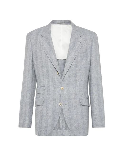 Brunello Cucinelli Gray Herringbone-Pattern Single-Breasted Blazer for men