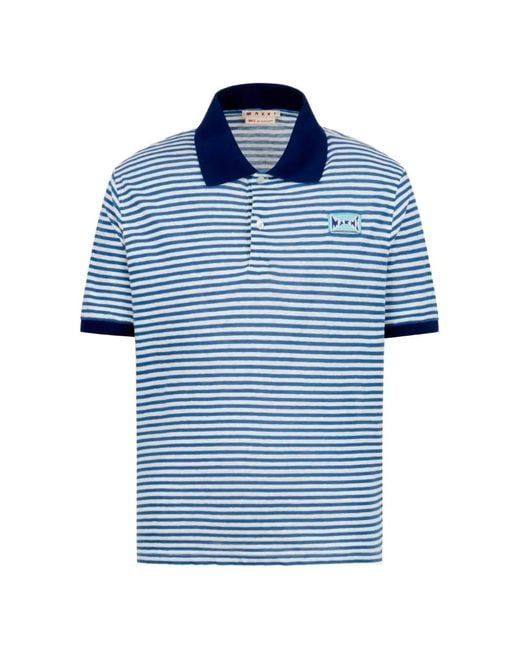 Marni Blue Striped Linen-Blend Polo Shirt for men
