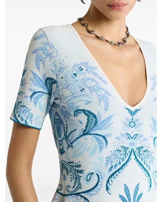 Etro Blue Paisley-Jacquard Midi Dress