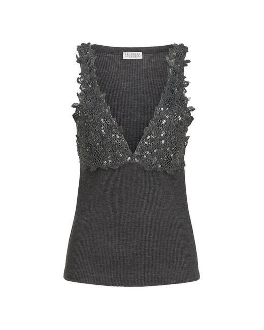 Brunello Cucinelli Black Ribbed Wool Jersey Top With Dazzling Lace Embroidery