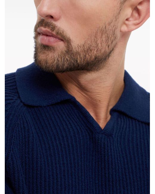 Brunello Cucinelli Blue Knitted Cotton Polo Shirt for men