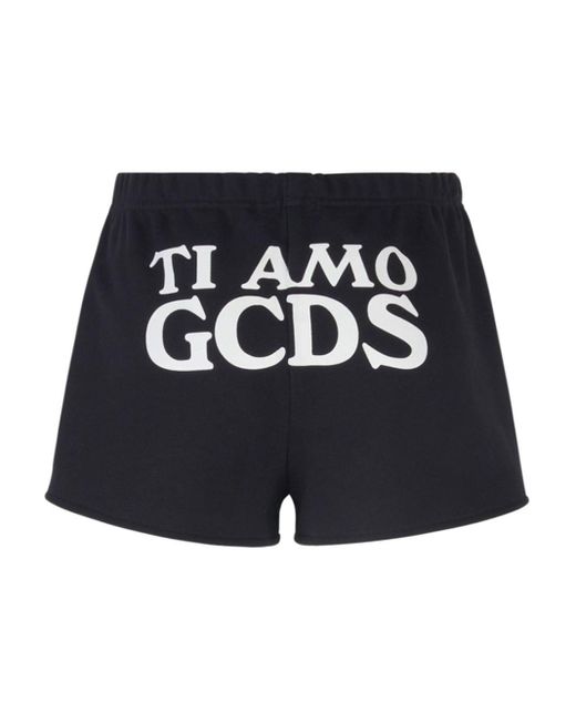 Gcds Blue Slogan-print Fleece Shorts