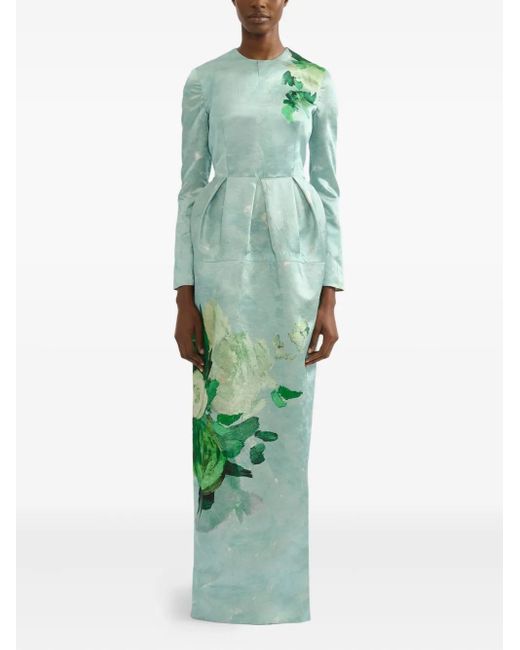 Erdem Green Flroal-Print Textured Satin Maxi Dress