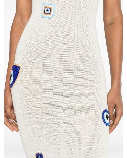 Leslie Amon White Bead-Embellished Knit Midi Dress