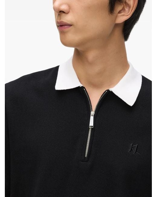 Karl Lagerfeld Black Contrast-Collar Half-Zip Polo Shirt for men