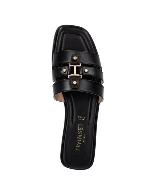 Twinset White Leather Sliders With Logo