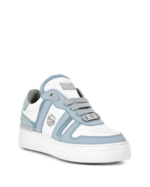 Philipp Plein Blue Striped Leather Sneakers