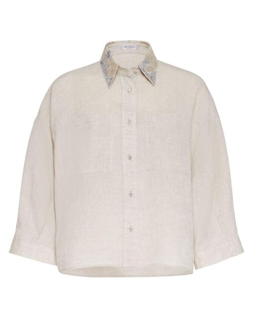 Brunello Cucinelli Natural Besticktes Hemd mit kurzen Ärmeln