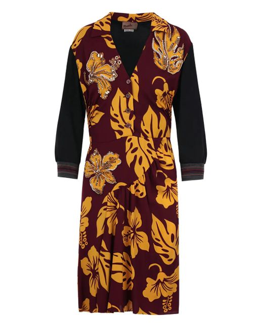 Prada Black Floral-Print Gathered-Panel Midi Dress