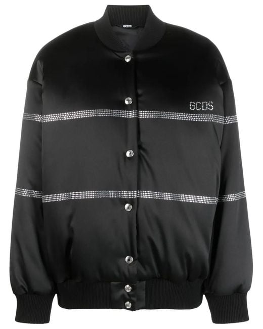 Gcds Black Bling Logo-Embellished Bomber Jacket
