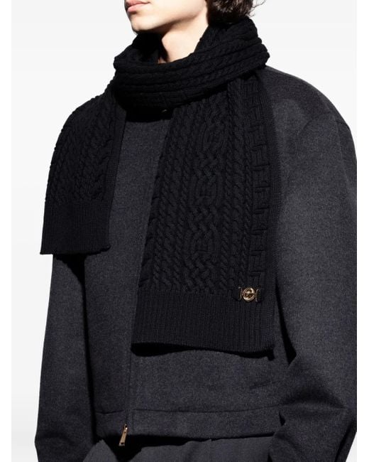 Versace Black Cable-Knit Virgin-Wool Scarf for men