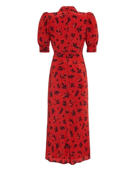 Alessandra Rich Red Rose Print Silk Long Dress