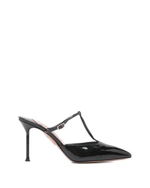 Aquazzura Black T-Strap Heeled Mules