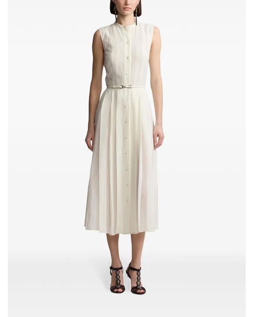 Ralph Lauren White Pleated Belted Midi Dress