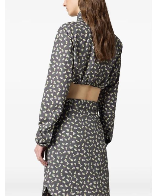 MSGM White Floral-Print Cropped Shirt