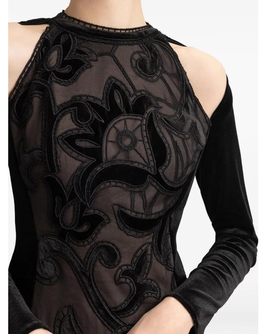 Gemy Maalouf Black Floral-Embroidery Velvet Dress