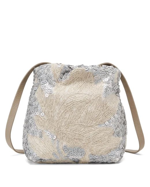 Brunello Cucinelli Natural Sequin-Embellished Linen Shoulder Bag