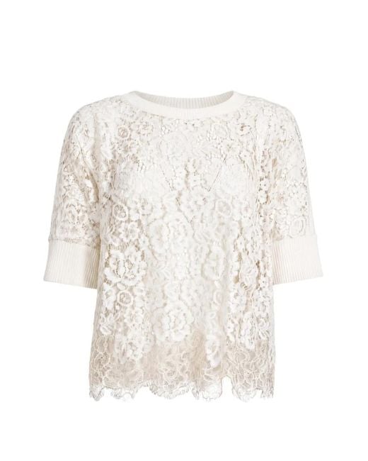 D.exterior White Lace-Overlay Short-Sleeve Blouse