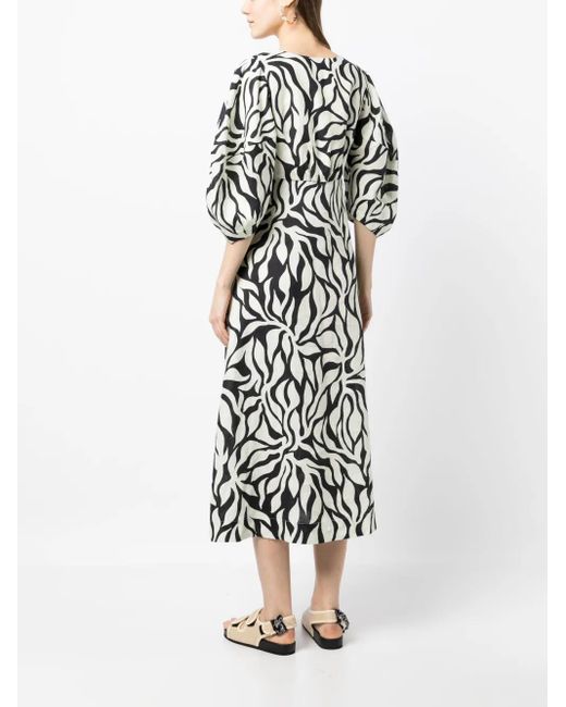 Cala De La Cruz White Botanical-Print Button-Up V-Neck Dress