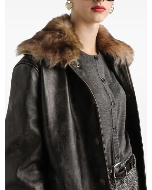 Dolce & Gabbana Black Shearling-Trimmed Leather Bomber Jacket