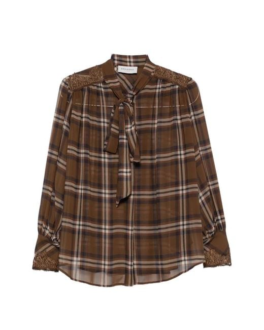ERMANNO FIRENZE Brown Check-Pattern Pussy-Bow Shirt