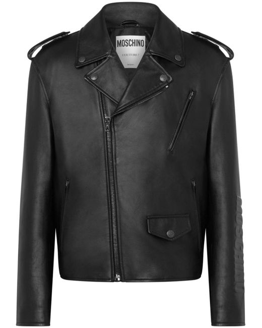 Moschino Black Logo-embossed Leather Biker Jacket for men