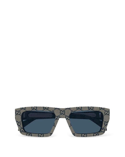 Gucci Blue Gg Supreme-Canvas Rectangle-Frame Sunglasses