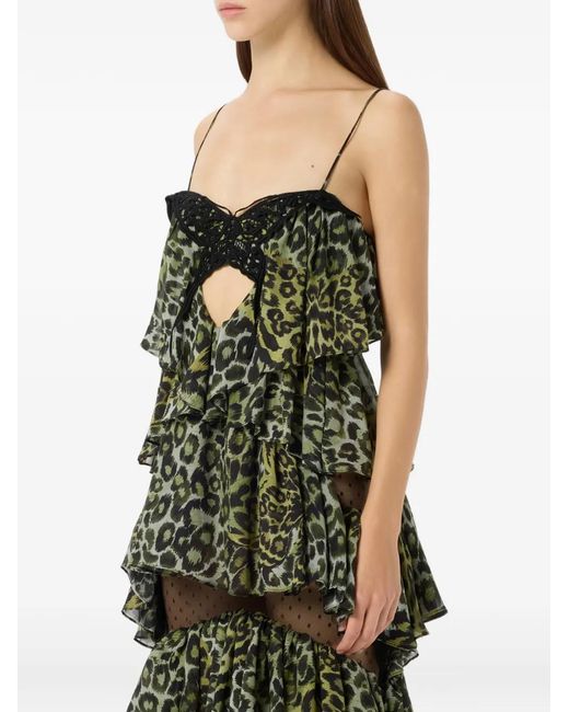 Blumarine Green Ruffled Animal-Print Maxi Dress