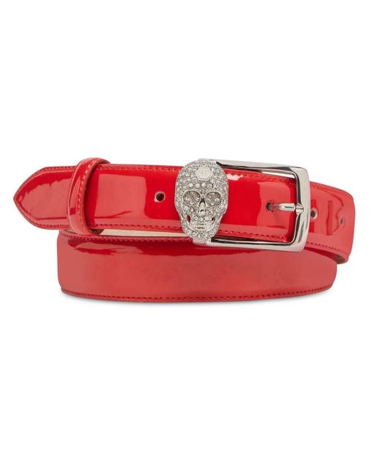 Cinturón de charol con calavera de cristal Philipp Plein de color Red