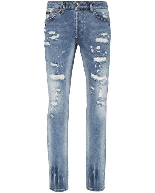 Philipp Plein Blue Paint-splatter Straight-leg Jeans for men