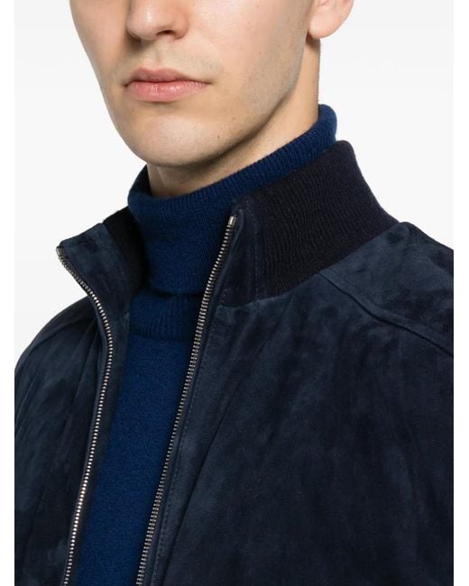 Eleventy Blue Suede-Panelled Ribbed-Knit Jacket for men