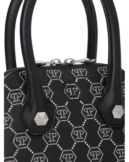 Philipp Plein Black Small Majestic Monogram Rhinestone Handle Bag