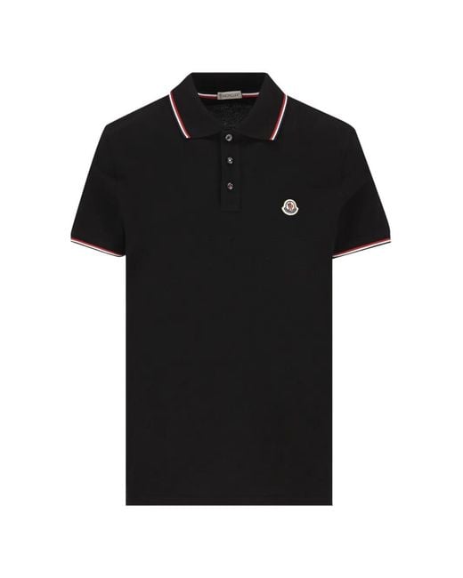 Moncler Black Logo-Patch Tricolour-Trim Polo Shirt for men