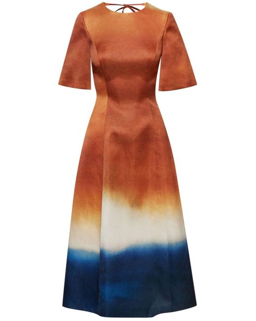 Oscar de la Renta Blue Abstract Ombré-print Satin Midi Dress