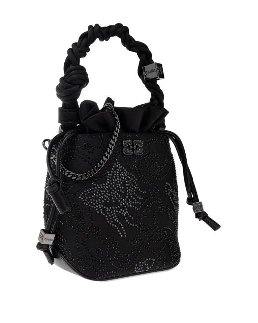Ganni Black Bou Braided-Handle Crystal-Embellished Bucket Bag