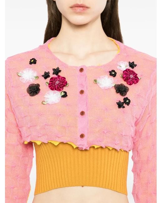 YANYAN KNITS Pink Crop Floral Appliqué Cardigan
