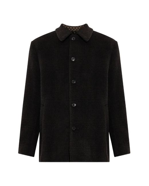 Etro Black Wool And Alpaca Wool Pea Coat With Check Motif for men