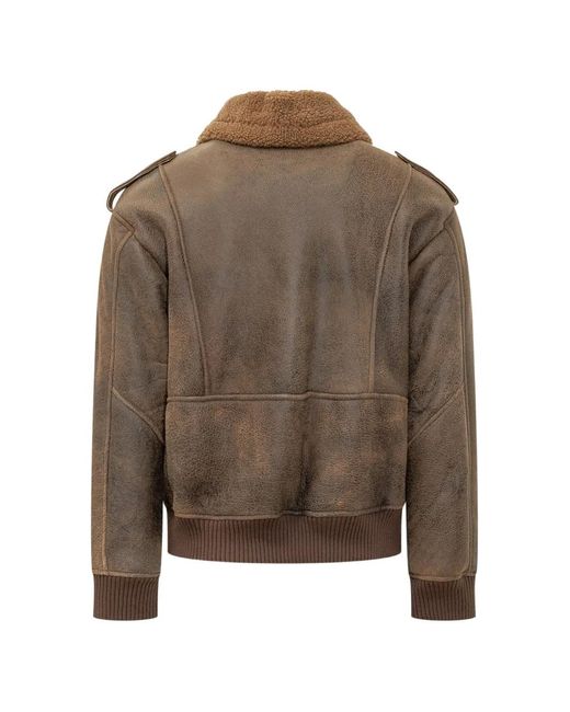 DFOUR® Brown Shearling-Collar Epaulette Jacket for men