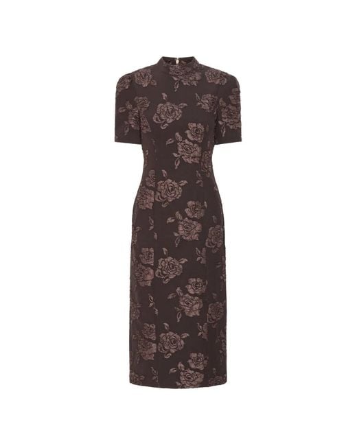 ROTATE BIRGER CHRISTENSEN Brown Floral High Neck Jacquard Midi Dress