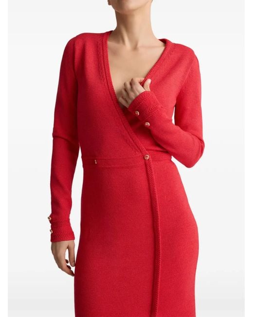 St. John Red Bracelet Knit V-Neck Midi Dress