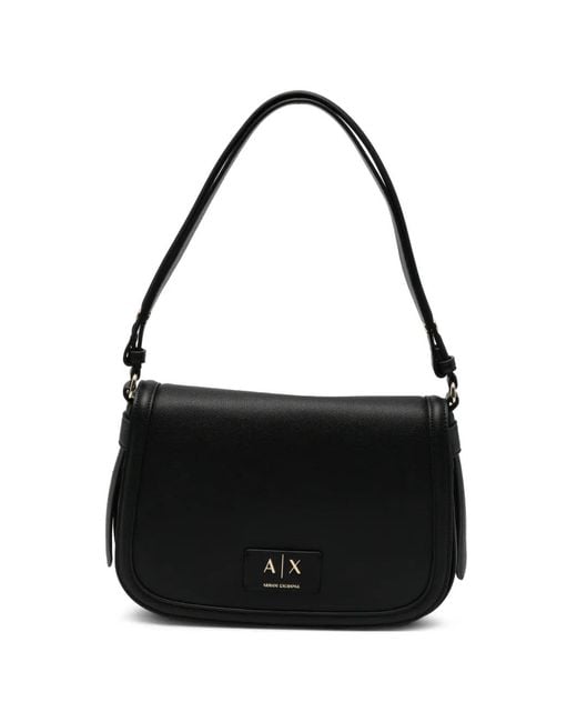 ARMANI EXCHANGE Black Logo-Plaque Leather Shoulder Bag